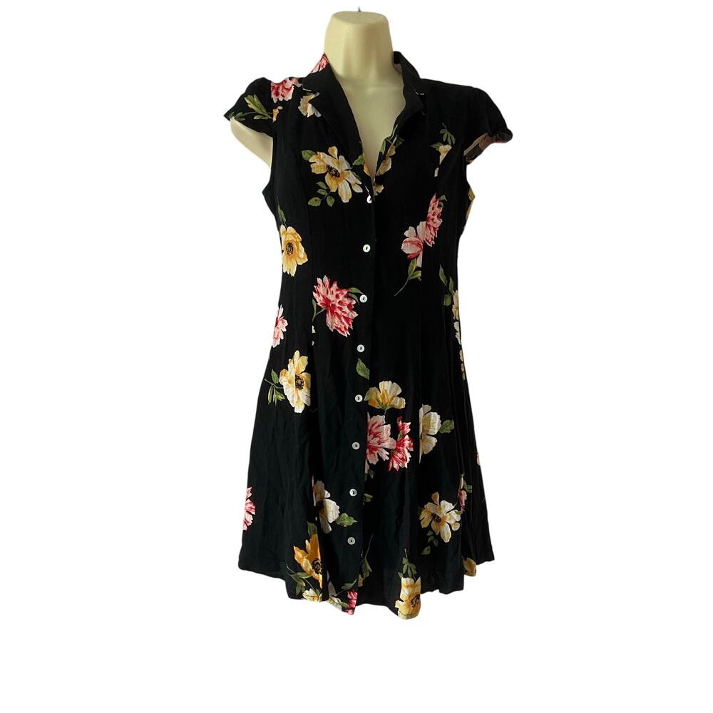 Forever 21 Contemporary Black Floral Print Dress Size Small Button Front Mini